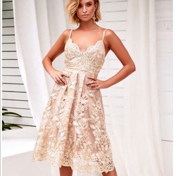 gold lace midi dress